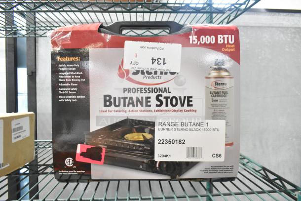 BRAND NEW Sterno 50182 1-Burner Black Butane Range, 15,000 BTU, portable with wind-block and safety features, slight damage on box.
