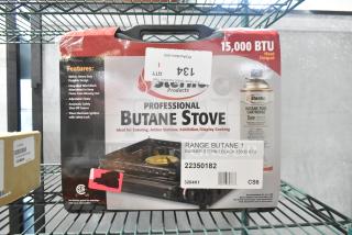 BRAND NEW Sterno 50182 1-Burner Black Butane Range, 15,000 BTU, portable with wind-block and safety features, slight damage on box.