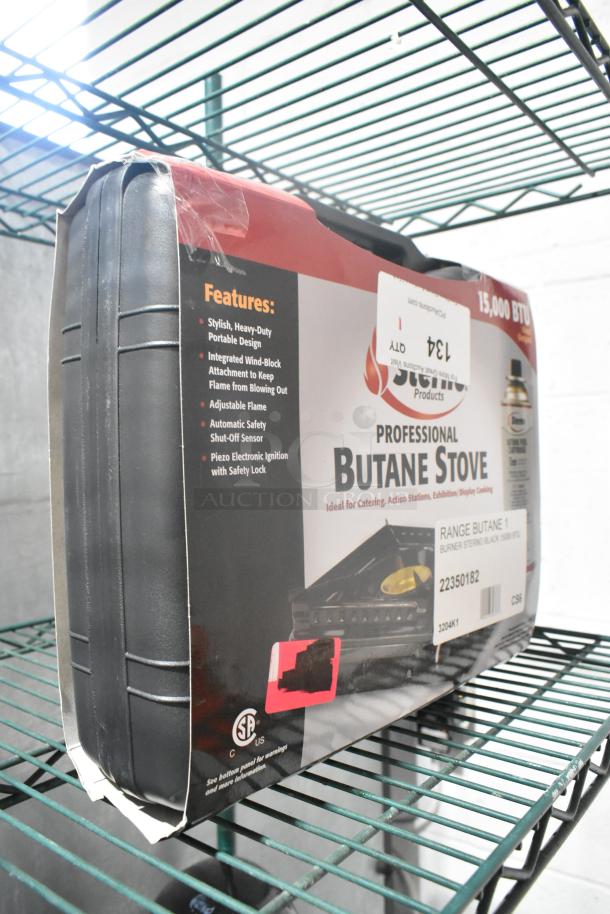 Brand new Sterno 50182 1-burner butane countertop range in original packaging with minor scratches and dents. 15,000 BTU, black.