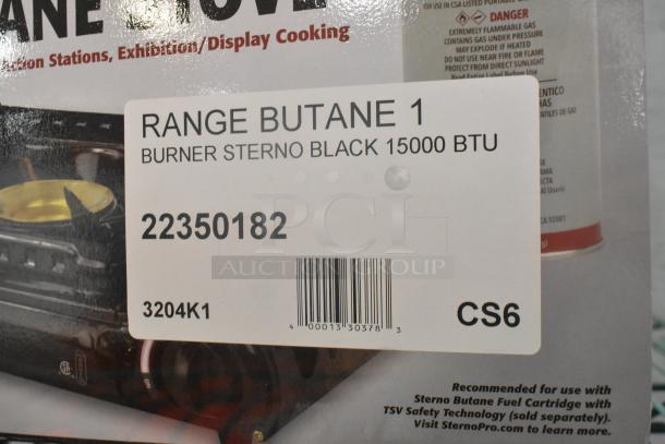 BRAND NEW SCRATCH AND DENT Sterno 50182 1-Burner Black Butane Stove, 15,000 BTU, visible product label with barcode.
