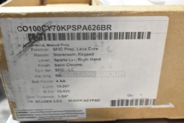 BRAND NEW SCRATCH AND DENT! CO100CY70KPSPA626BR Storeroom Keypad, satin chrome, Sparta lever, SFIC prep, manual program, RH handling.