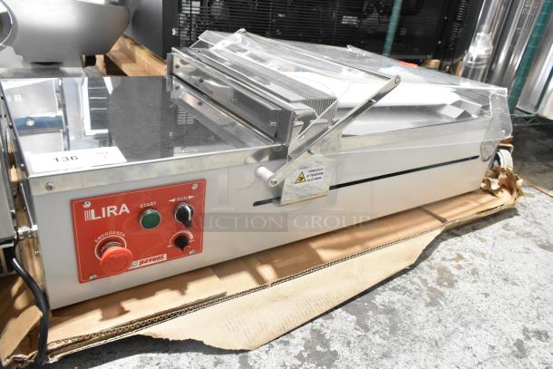 Brand new Pavoni LIRA/E110V semi-automatic dessert slicer, 110V, 1 phase, minor scratches. Features control panel.