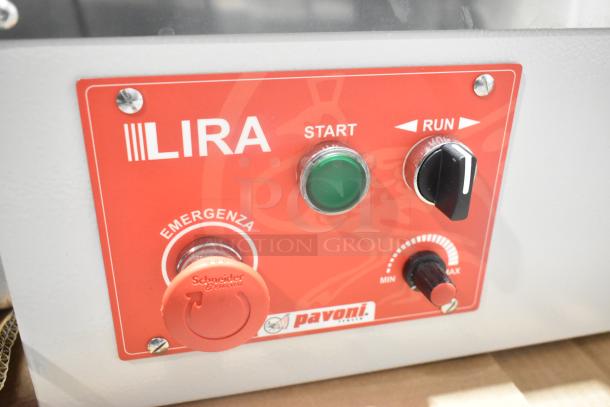 BRAND NEW Pavoni Lira E110V semi-automatic dessert slicer control panel, featuring start, run, and emergency buttons.