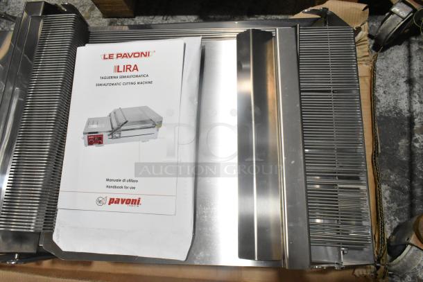 Brand new Pavoni LIRA/E110V Semi-Automatic Dessert Slicer, 110V. Includes manual. Scratch and dent condition.