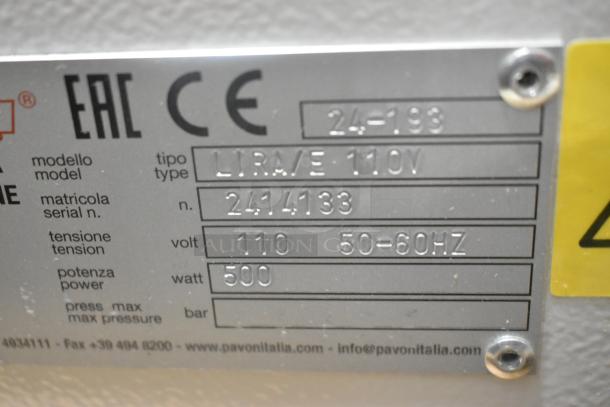 Label for Pavoni LIRA/E110V dessert slicer showing model, serial number 2414133, 110V, 500 watts.