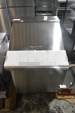 Brand new Avantco 178ZPT27MHC stainless steel 27" 1-door mega top refrigerated prep table. Includes commercial casters. 115V, 1 phase.