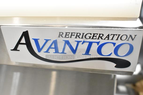 Avantco logo on stainless steel 2024 Avantco 178ZPT27MHC refrigerated sandwich prep table, new scratch and dent condition.