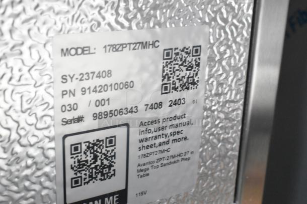 QR code label on Avantco 178ZPT27MHC prep table, showing model info, serial number, and product access details.