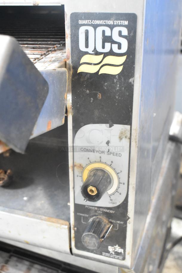 Star Holman QCS-1-350 stainless steel conveyor toaster oven, commercial-grade, visible wear, 120V, 1 phase, controls shown.