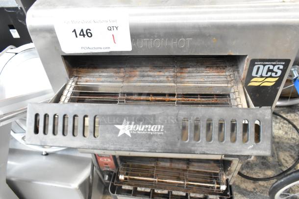 Star Holman QCS-1-350 stainless steel conveyor toaster oven, 120V, 1 phase, visible wear, manufacturer branding on panel.