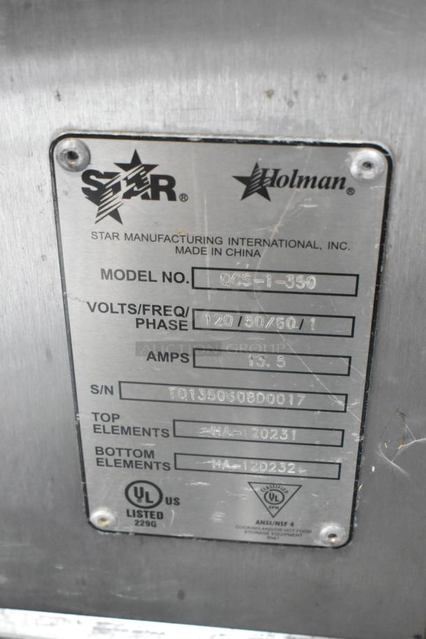 Star Holman QCS-1-350 stainless steel conveyor toaster oven label. 120 volts, 1 phase, UL listed. Model info visible.