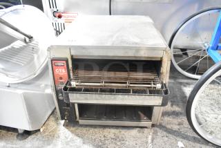 Waring CTS1000 Stainless Steel Conveyor Toaster Oven, 120V, 1 Phase, used condition, visible brand label, commercial design.