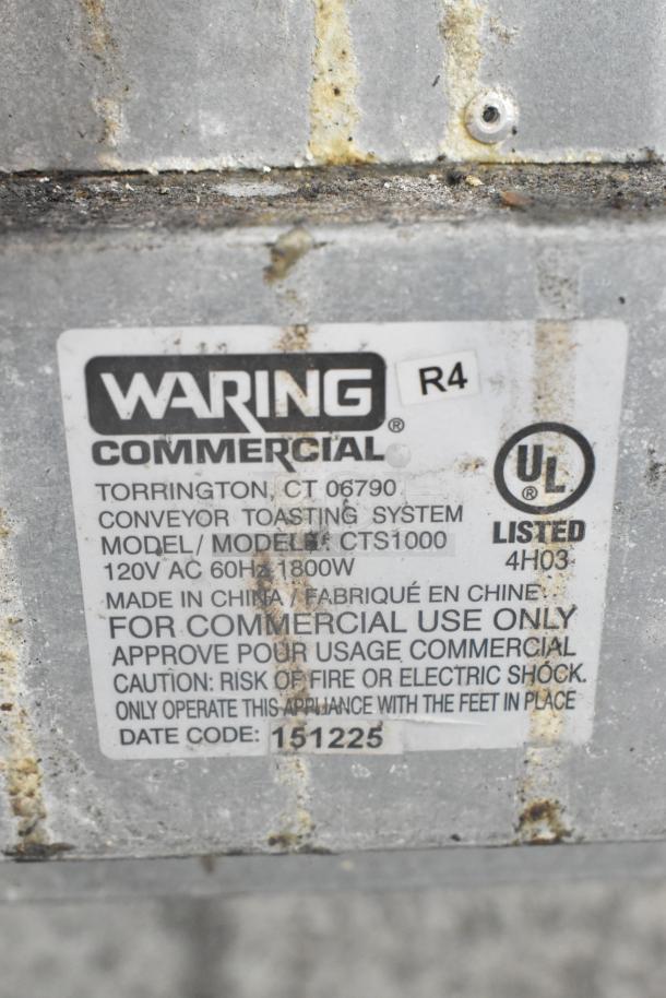 Waring CTS1000 stainless steel commercial conveyor toaster, 120V, 1 Phase, label visible, used condition, model CTS1000.