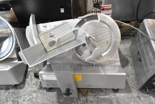 Bizerba GSP metal meat slicer, commercial countertop model, 115 volts, 1 phase, used condition, visible control dials.