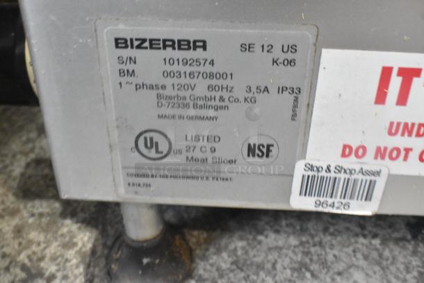 Bizerba SE 12 US Meat Slicer label, showing model and specs. 115V, 1 phase. UL and NSF certified. Made in Germany.