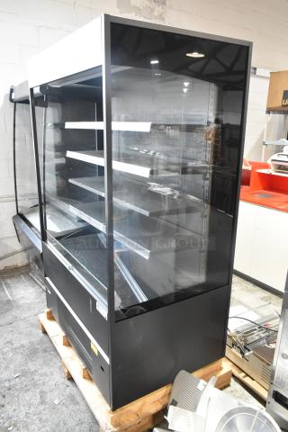Avantco 193VOA48B metal black vertical open air merchandiser with LED lighting, showing broken glass on side panel.