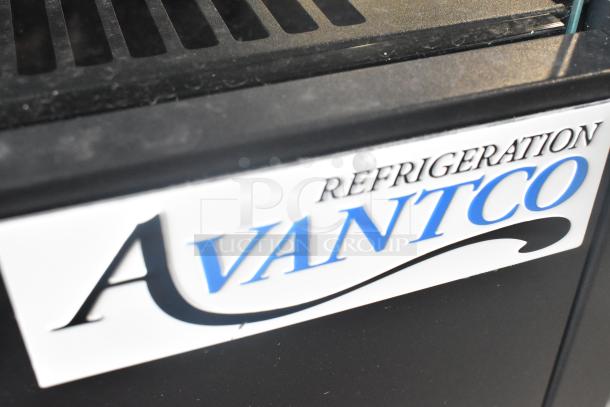 Avantco 193VOA48B open air merchandiser, metal black, LED lighting, visible broken glass on side panel. 115V, 1 phase.