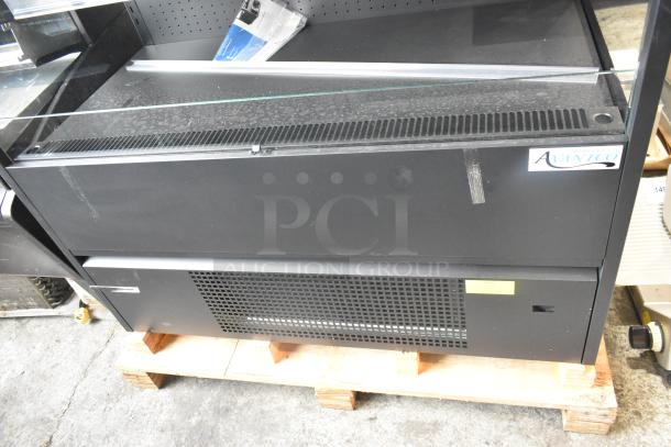 Avantco 193VOA48B black metal vertical merchandiser with LED lighting, features broken glass on side panel. 115V, 1 phase.