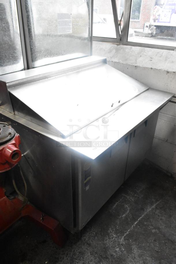 Everest EPBR2 stainless steel sandwich salad prep table with Bain Marie mega top, on commercial casters, 115V, 1 phase.