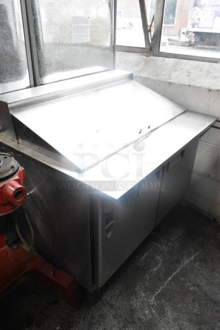 Everest EPBR2 stainless steel sandwich salad prep table with Bain Marie mega top, on commercial casters, 115V, 1 phase.