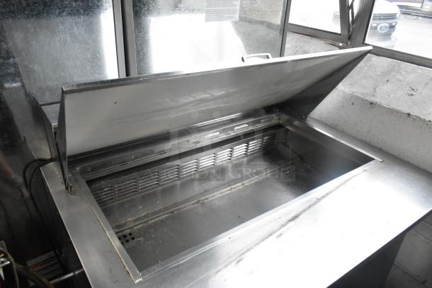 Everest EPBR2 stainless steel prep table, open lid view, features Bain Marie mega top; commercial casters, 115V, 1 phase.