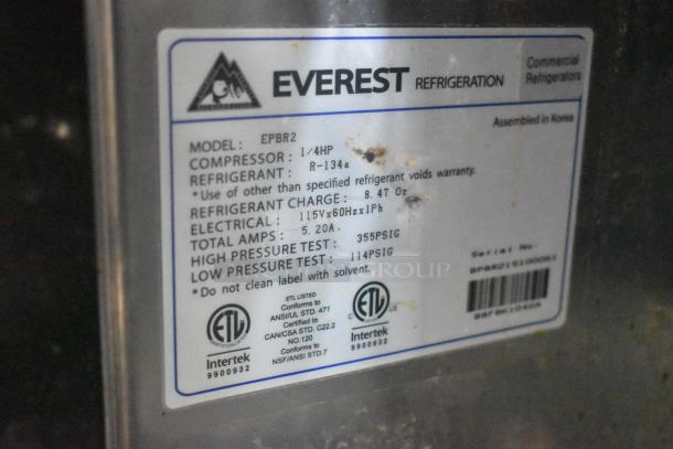 Everest EPBR2 label, detailing model, compressor 1/4HP, refrigerant R-134a, 115V, 5.20A, high/low pressure tests.