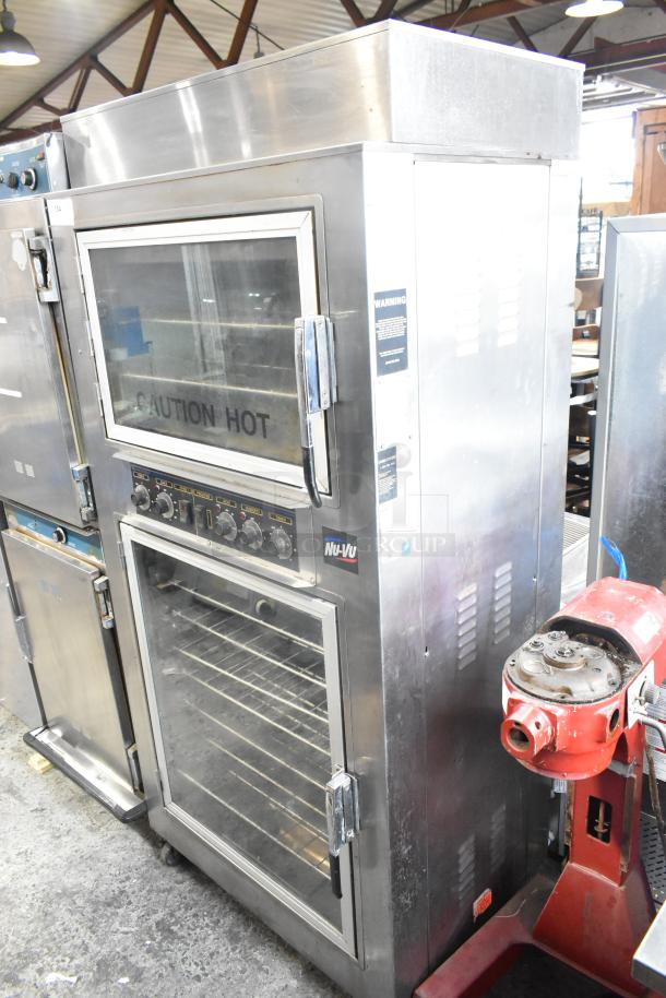 Nu Vu SUB-123 stainless steel commercial oven proofer with control panel, glass doors, and casters, 208V, 3 phase.