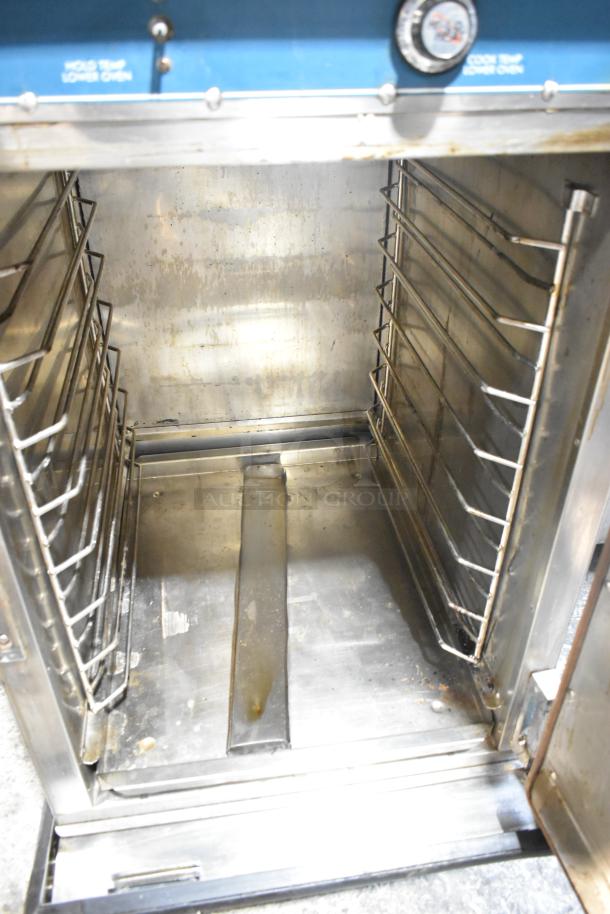 Alto Shaam 1000-TH-I Cook N Hold Oven, stainless steel, commercial casters, 208-240V, shown open with racks.