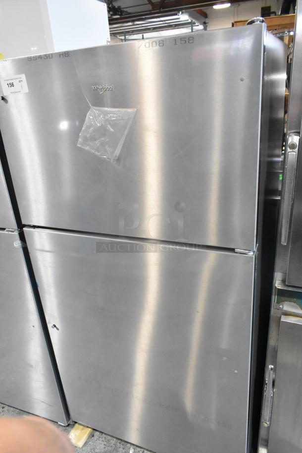 BRAND NEW Scratch and Dent 2025 Whirlpool WRT311FZDM05 stainless steel cooler with freezer, 115V, 1 phase, minor dents visible.