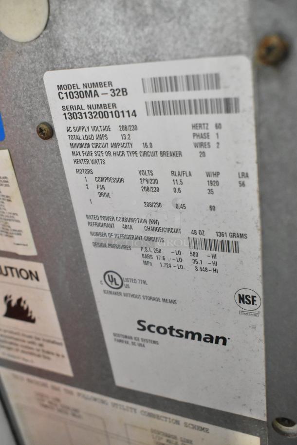 Scotsman Prodigy C1030MA-32B Ice Head, stainless steel, 208/230V, 1 phase. Model and serial number label visible.
