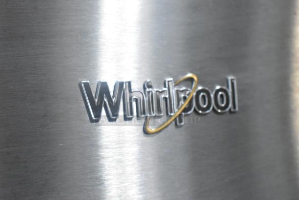 Close-up of the Whirlpool logo on a stainless steel commercial cooler, model WRT311FZDM05, 2025, 115V, 1 phase.