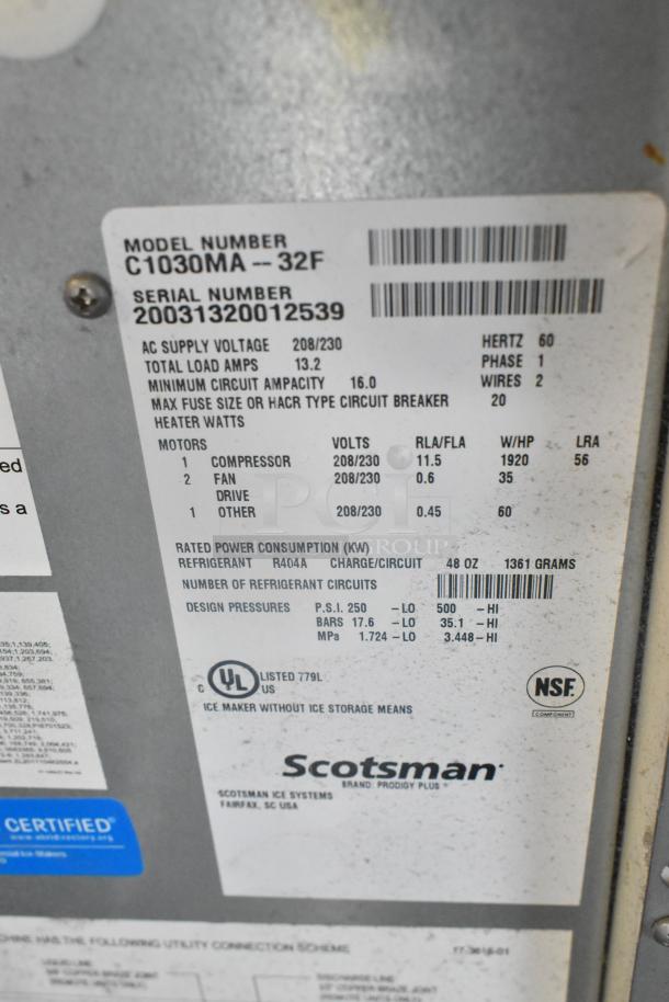 2020 Scotsman C1030MA-32F ice machine label with specs: 208/230V, 1 phase, R404A refrigerant, UL listed, NSF certified.