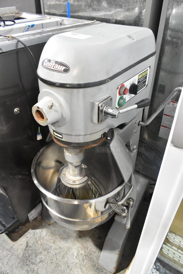 Centaur commercial floor mixer, includes metal mixing bowl and whisk, 208 volts, 1 phase. Features visible control panel.
