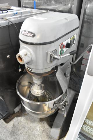 Centaur commercial floor mixer, includes metal mixing bowl and whisk, 208 volts, 1 phase. Features visible control panel.