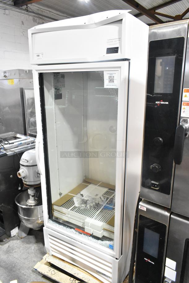 Brand new True TSCI-600R-G-PH commercial cooler, minor scratches, broken glass, poly-coated racks, 115V, single door.