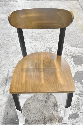 Brand new dining height chair with black metal frame, wooden backrest and seat. Slight scratch and dent condition. 84 available.