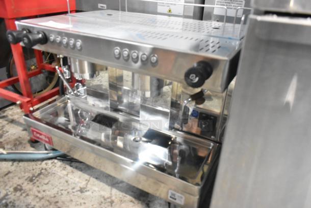 Brand new Estella ECEM2/N2 stainless steel 2 group automatic espresso machine, 220-240V, 1 phase, commercial use, minor dents.