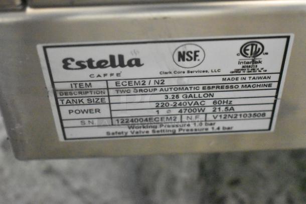BRAND NEW Estella ECEM2/N2 Stainless Steel Espresso Machine, 2 Group, 3.26 gal tank, 220-240V, 2024 model, scratch and dent.