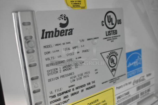 Imbera VRD41 cooler label showing model, voltage, refrigerant type R-290, UL listing, and safety warnings. 115V, 1 Phase.