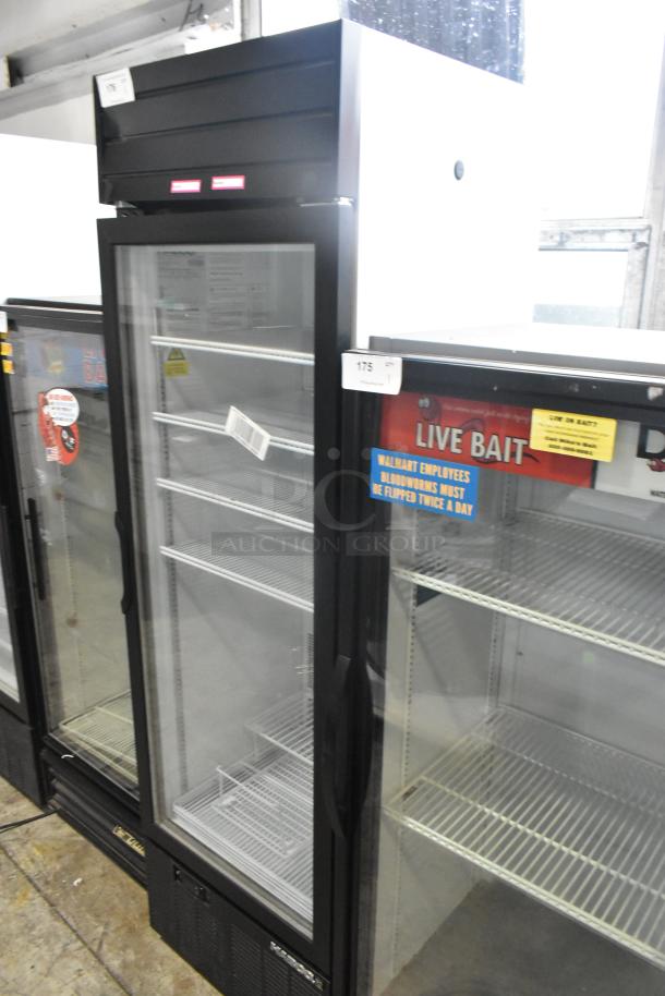 2019 Habco SE18 metal commercial single door reach-in cooler merchandiser with poly coated racks, 115 volts, 1 phase.