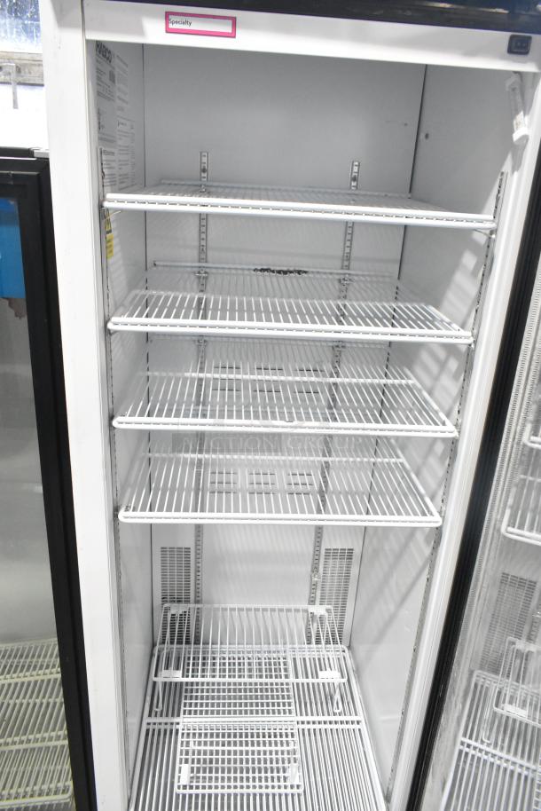 2019 Habco SE18 commercial cooler, single door, metal with poly-coated racks, 115V, 1 phase, interior labeling visible.