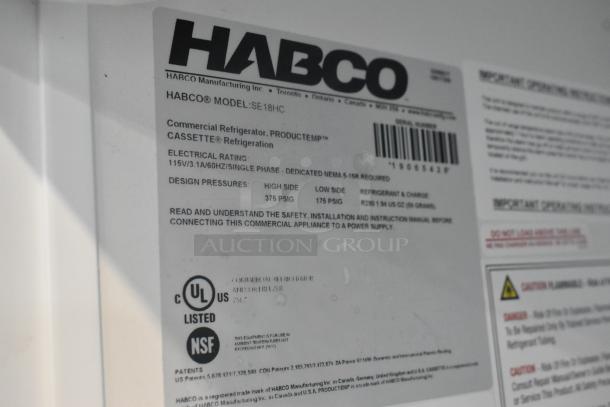 Label details of 2019 Habco SE18 Commercial Single Door Cooler, 115V, 1 Phase, UL and NSF certified, with safety instructions.