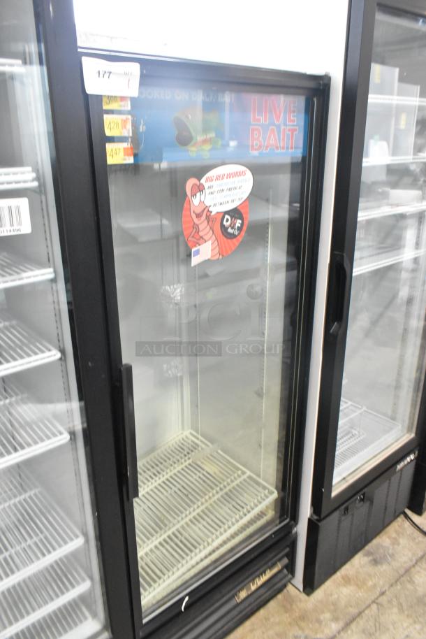 2021 True GDM-12 single door cooler with poly coated racks, 115V, 1 phase. Features "Live Bait" signage.
