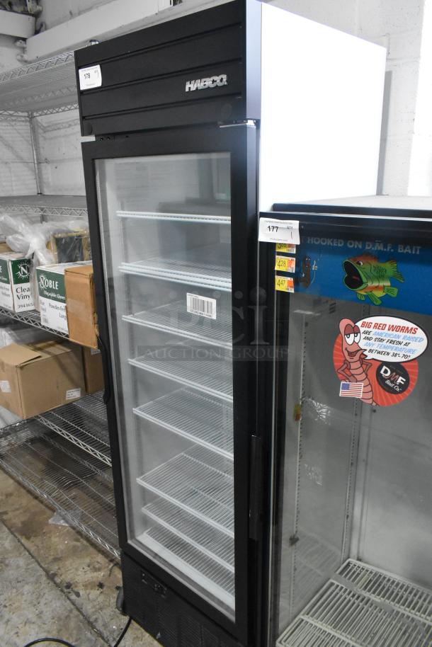 2019 Habco SE18 commercial cooler with single glass door, poly coated racks, 115V, 1 phase. Excellent condition.