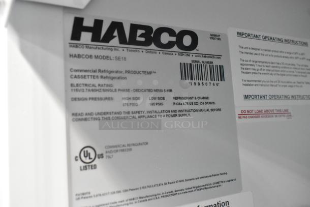 Label of 2019 Habco SE18 commercial cooler; shows model, electrical rating, refrigerant type, and UL listing.