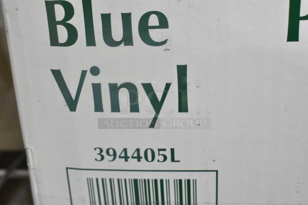 Box of Noble Products Powder-Free Disposable Blue Vinyl Gloves, size 394405L, for foodservice, new condition.