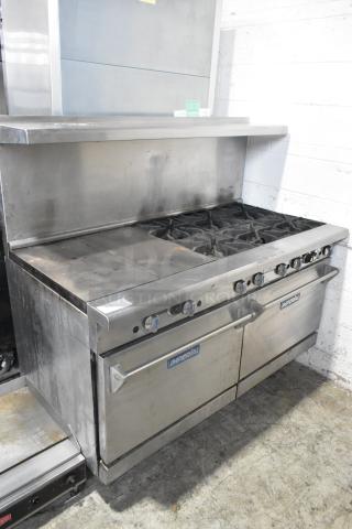 Imperial stainless steel commercial gas griddle with 6 burners, convection oven, standard oven, over shelf, and backsplash.