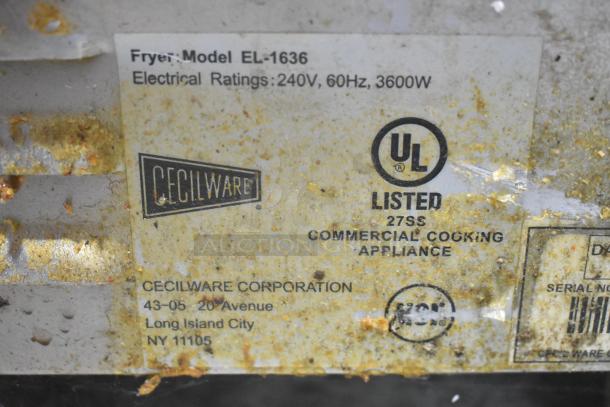 Cecilware EL-1636 griddle label showing UL listing, 240V, 60Hz, 3600W. Visible wear includes grease stains.