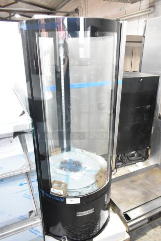 Brand new Avantco 193BCR15HCB black refrigerated display case on casters, with visible glass damage. 115V, 1 phase.