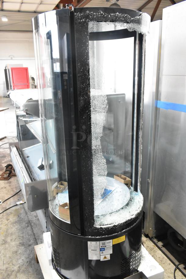BRAND NEW Avantco 193BCR15HCB black circular glass refrigerated display case on casters, glass damage visible. 115V, 1 phase.
